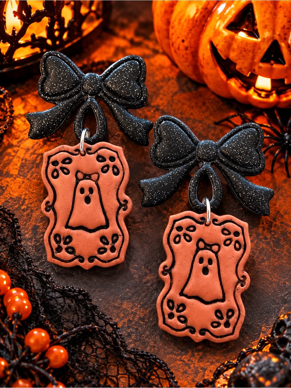 Handmade Polymer Clay Halloween Ghost Dangle Earrings with Black Glitter Bow